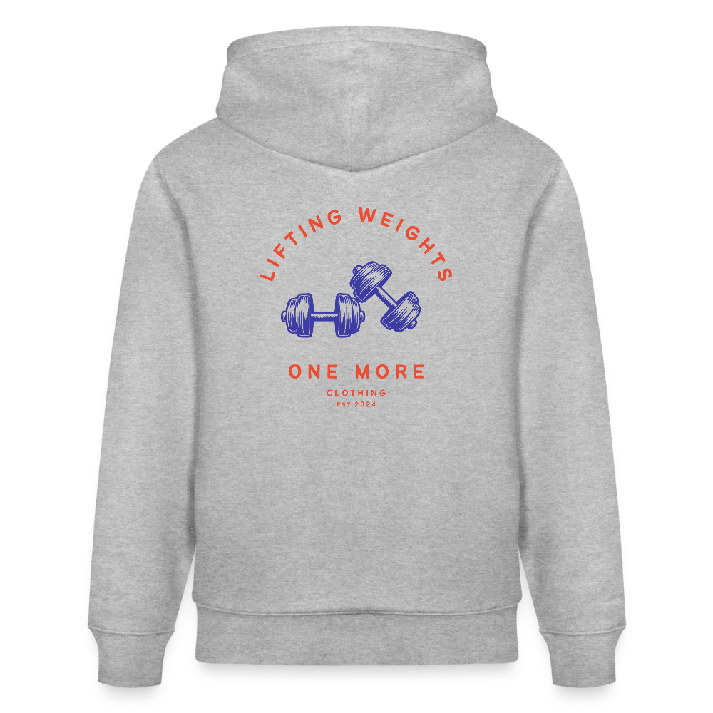 "Lifting Weights" Premium Hoodie Backprint - Grau