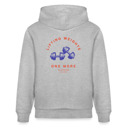 "Lifting Weights" Premium Hoodie Backprint - Grau