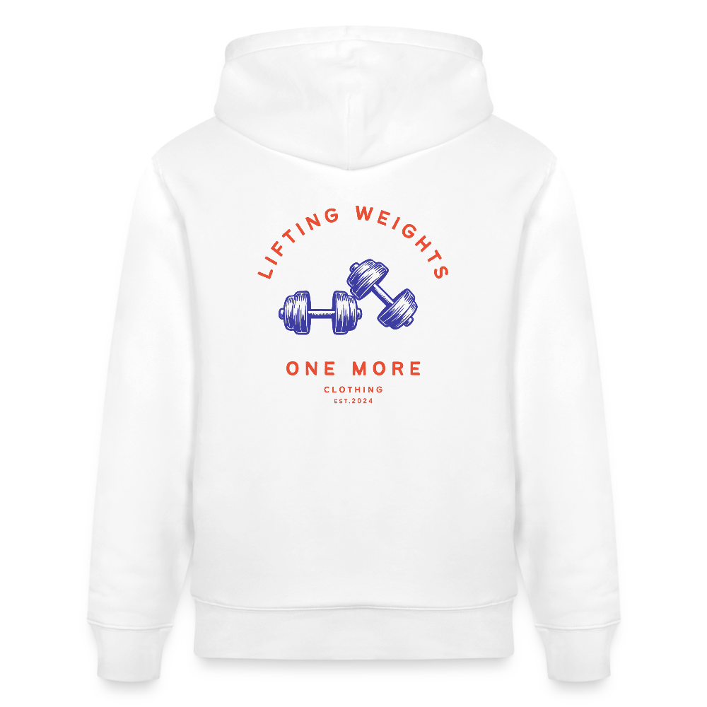 "Lifting Weights" Premium Hoodie Backprint - Weiß