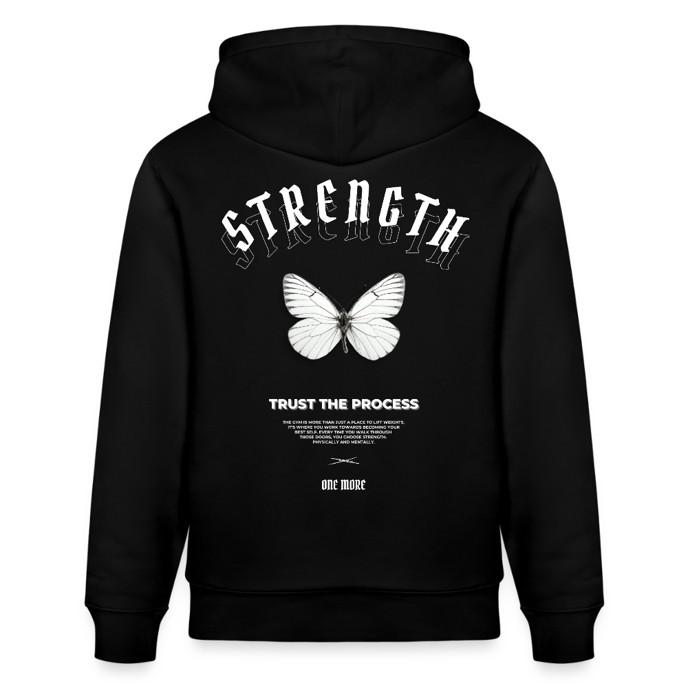 "Strength" Premium Hoodie White Backprint - Schwarz