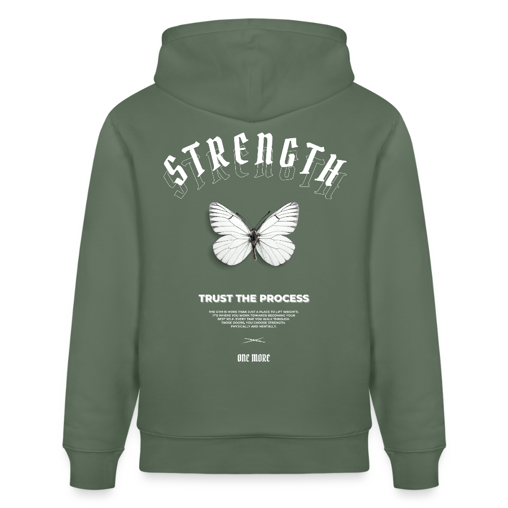 "Strength" Premium Hoodie White Backprint - Grün