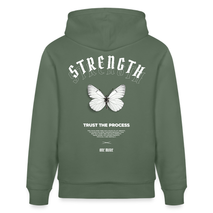 "Strength" Premium Hoodie White Backprint - Grün